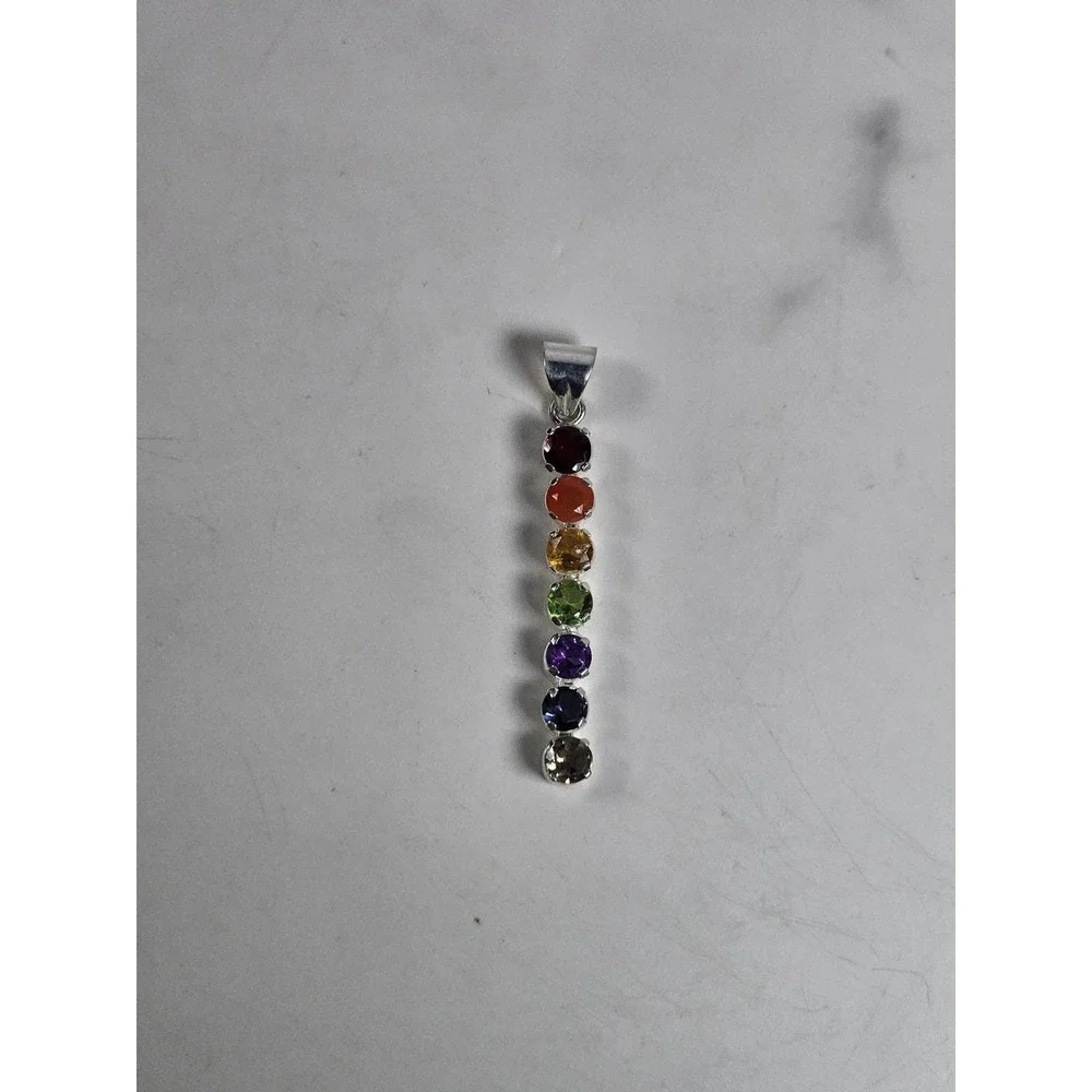 Vintage Sterling Silver Rainbow Gemstone Pendant | Multistone Vertical Charm - Picture 2 of 7